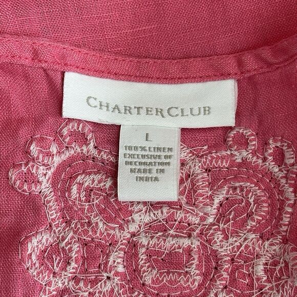 Charter Club Linen Split Neck Tunic Large Pink Beaded Summer Cruise Resort Chic - Picture 10 of 13